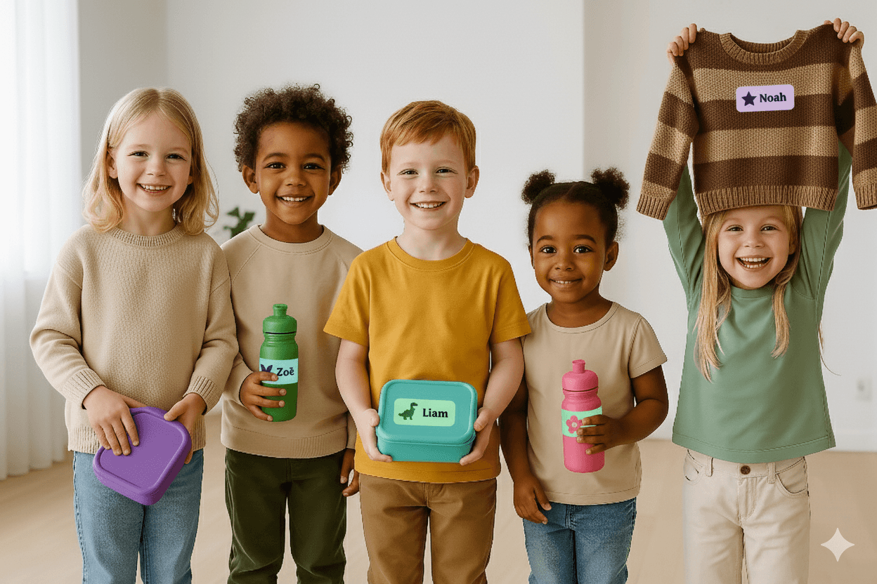 Children with personalized name labels